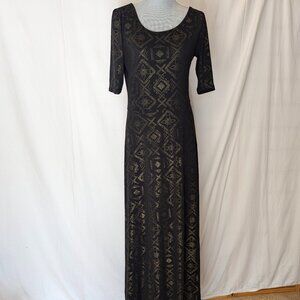 LulaRoe Black Maxi comfy Dress with subtle Gold Aztec Print 3/4 sleeve size L